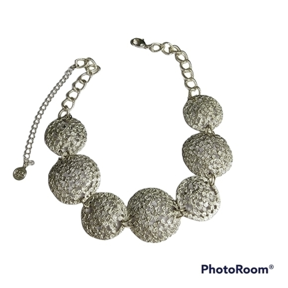 Western Filigree abstract statement necklace stamped BB silver tone‎